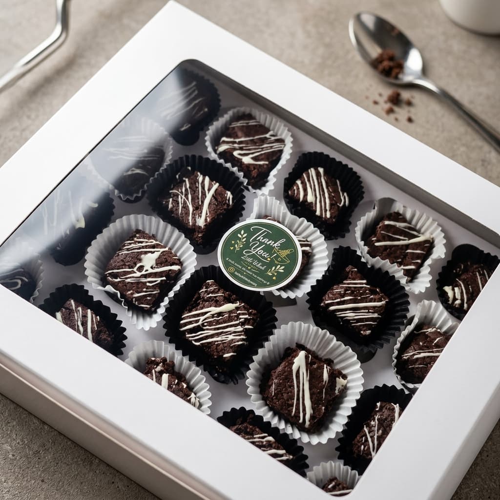 Brownie box sealed with the Little Whisk thank-you sticker
